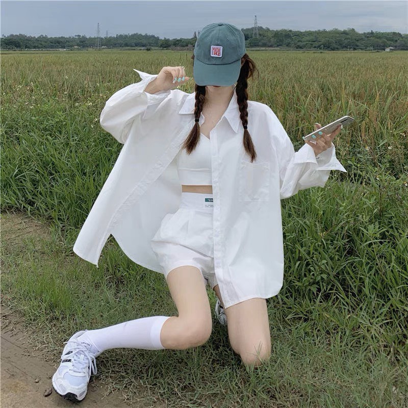 Sơ mi nữ dài khoác ngoài form rộng nhiều màu mặc đi biển, đi chơi, Áo sơ mi dài tay basic kiểu hàn