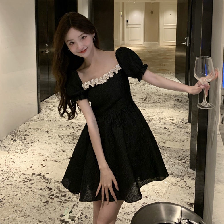 Đầm Ngắn Tay Phồng Thắt Nơ Nhấn Eo Màu Đen Phong Cách Pháp Thời Trang Mùa Hè Cho Nữ