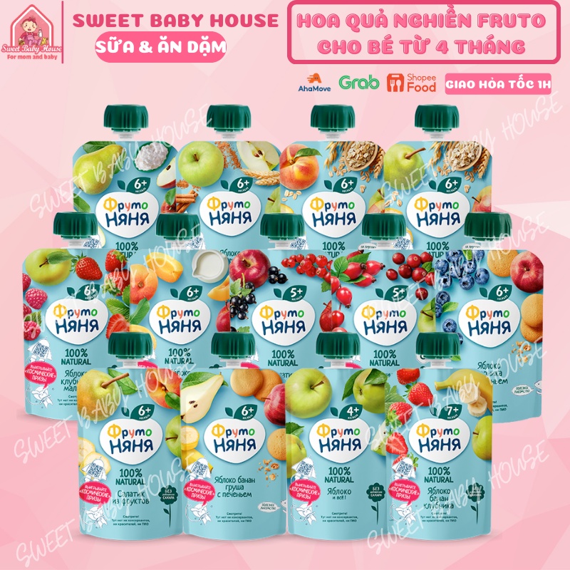 Hoa quả nghiền Fruto Nga 90g, trái cây nghiền cho bé ăn dặm 6 tháng - Date 4/2024 - Sweet Baby House