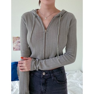 [ogniM Seoul] Áo Croptop Hoodie Len Tăm Có Mũ Trùm Đầu Kèm Khóa Kéo Phong Cách Hàn Quốc (Made In Korea)