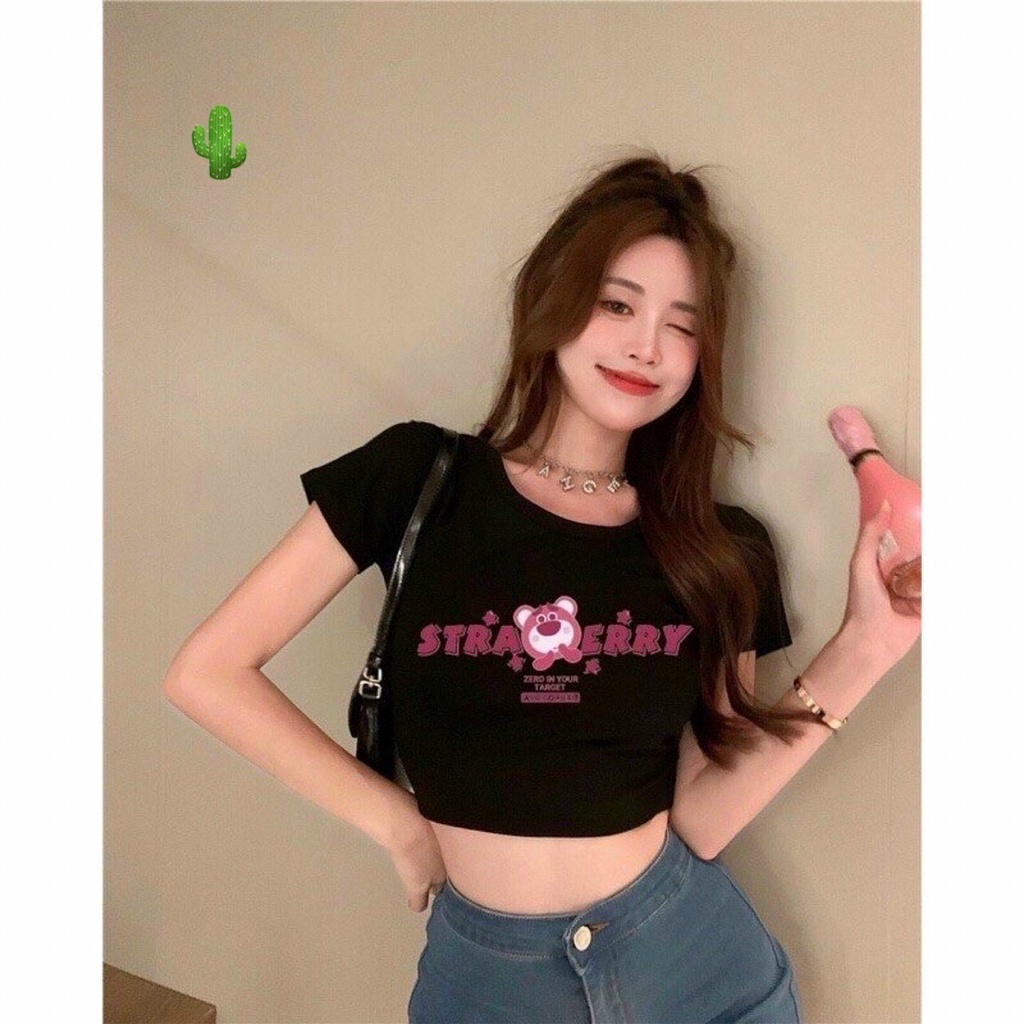Áo croptop ngắn tay Gấu Dâu in phong cách năng động