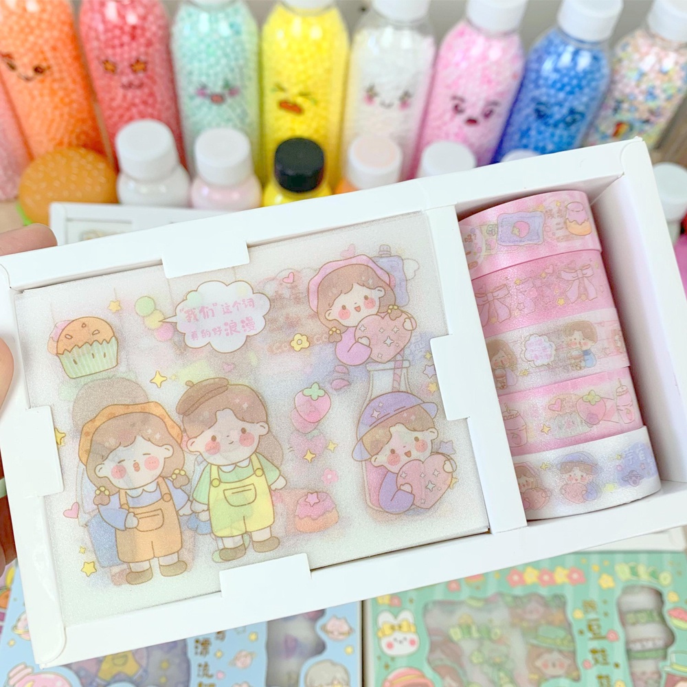 Hộp 5 Cuộn Washi Tape + 9 Tờ Sticker Họa Tiết Hoạt Hình Dễ Thương để dán điện thoại,trang trí DIY