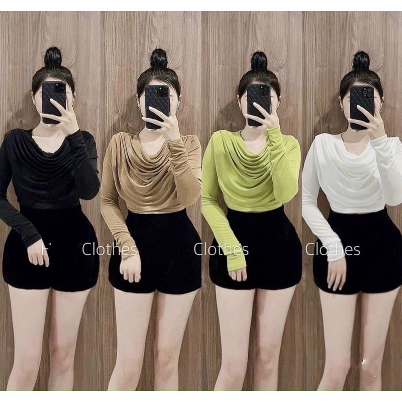 Áo CỔ ĐỔ NHŨ DÀI TAY UN croptop ( cao cấp ) ,Áo Giấy Nhũ Croptop Cổ Đổ siêu sang mặt đi chơi , đi tiệc cho nữ- Thiên Yết