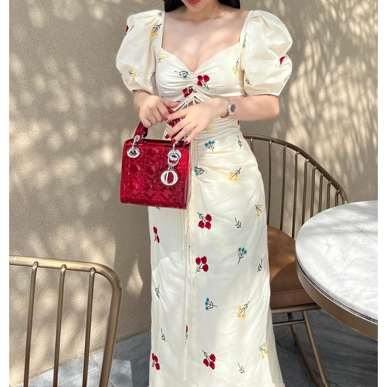 [ 𝐅𝐑𝐄𝐄 𝐒𝐇𝐈𝐏 ] Váy hoa thêu rút ngực tay bồng về cực đẹp Chất thô lụa mềm lót 2 lớp Chun lưng dễ mặc Hàng kỹ