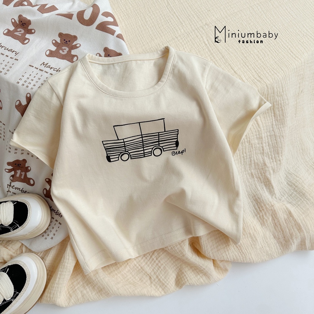Áo cộc tay in hình oto phong cách cho bé trai, bé gái, chất liệu cotton mềm mại, thấm hút mồ hôi Miniumbaby-A1418