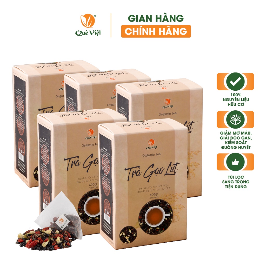 COMBO 5 HỘP - Trà gạo lứt Quê Việt thanh lọc cơ thể - Hôp 600g 20 túi lọc