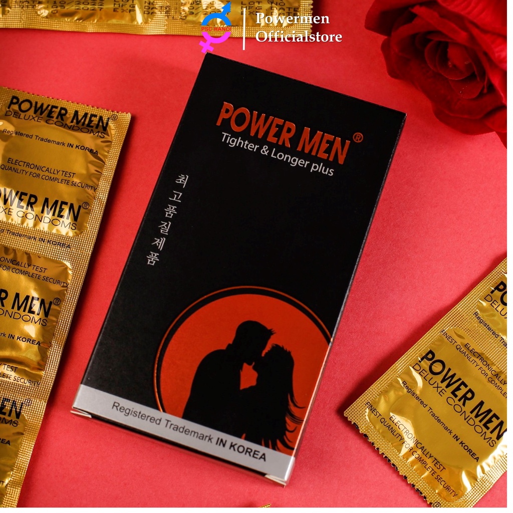 Bao cao su Powermen TIGHTER & LONGER plus Gân gai ôm khít chứa 9% Benzocain kéo dài thời gian size nhỏ 49mm