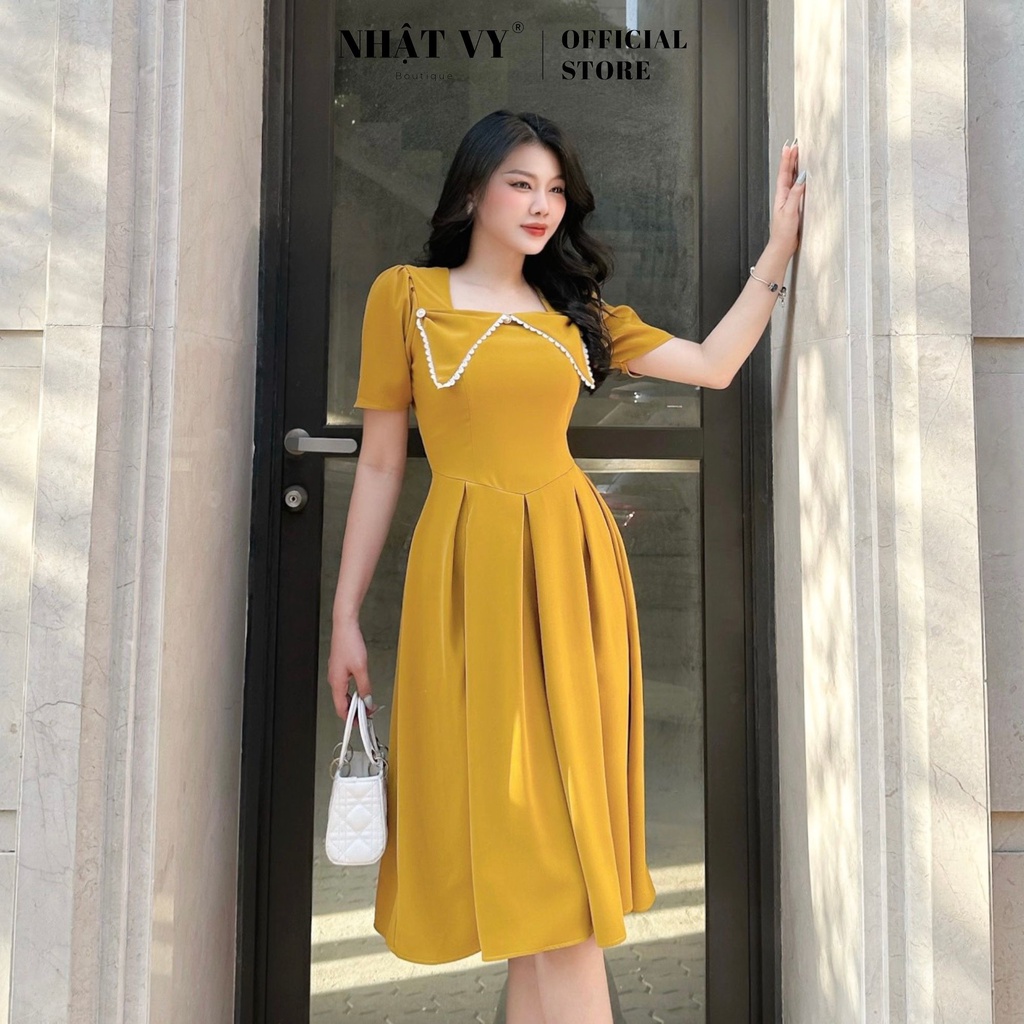 Đầm dự tiệc Nhật Vy xếp ly cổ viền ren cách điệu đính cúc dáng xoè chất thun phù hợp đi chơi dạo phố sang chảnh - D2650