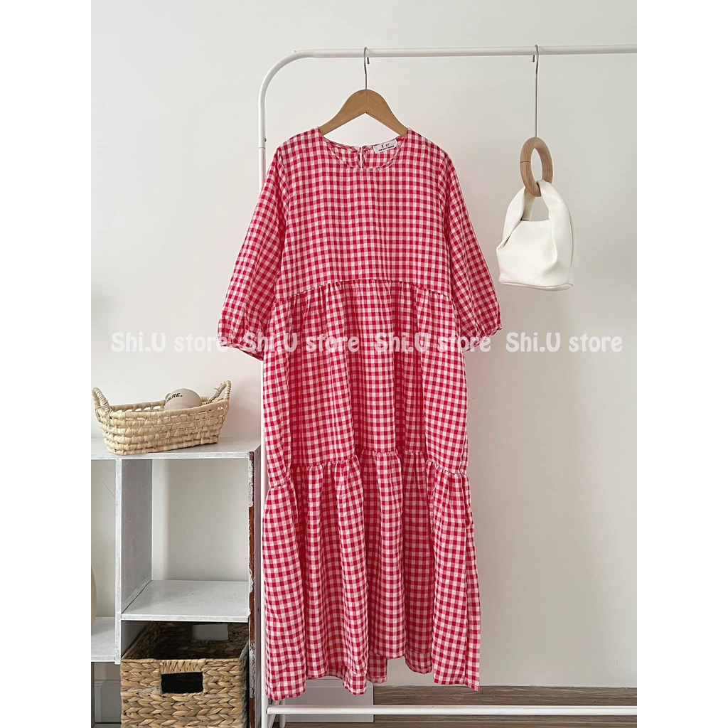 Váy babydoll tay bồng kẻ sọc caro xếp ly dáng dài cúc lưng dây buộc eo vintage phong cách Hàn Quốc