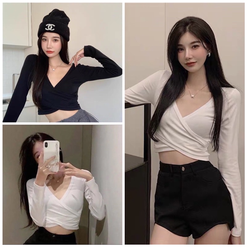 Áo kiểu thun croptop tay dài hai tà chéo phối siêu cute cho nữ