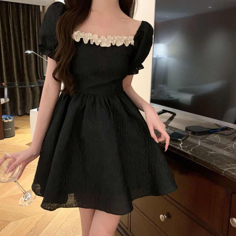 Đầm Ngắn Tay Phồng Thắt Nơ Nhấn Eo Màu Đen Phong Cách Pháp Thời Trang Mùa Hè Cho Nữ