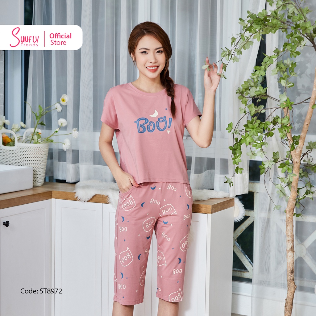 Đồ Bộ Mặc Nhà Nữ Cotton SUNFLY Áo Cộc Quần Ngố ST8972