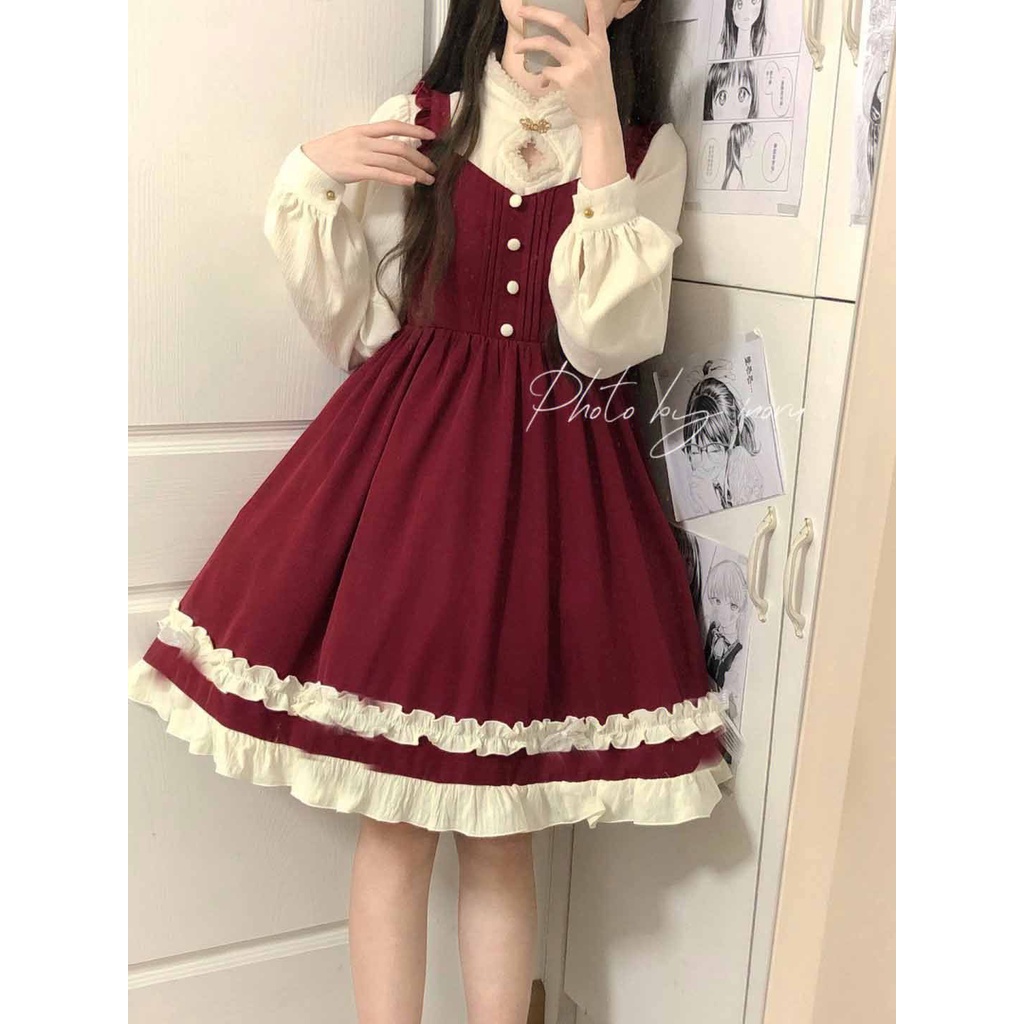 Set Áo Sơ Mi Dài Tay + Đầm Yếm Thắt Nơ Phong Cách Lolita Nhật Bản Mừng Năm Mới Cho Nữ
