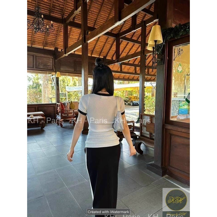 Set váy hot, set áo thun trắng ôm body phối chân váy đen dáng dài phối viền kèm dây cá tính