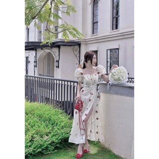 ĐẦM HOA CỔ VUÔNG VẢI GAI