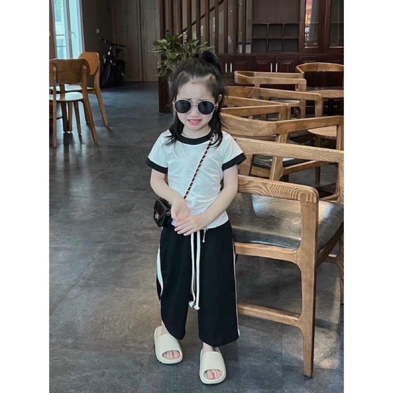 Đồ bộ bé gái, set áo trắng kèm quần ống xuông dài Hotgirl cho bé 10-28kg chất tăm dày mềm.