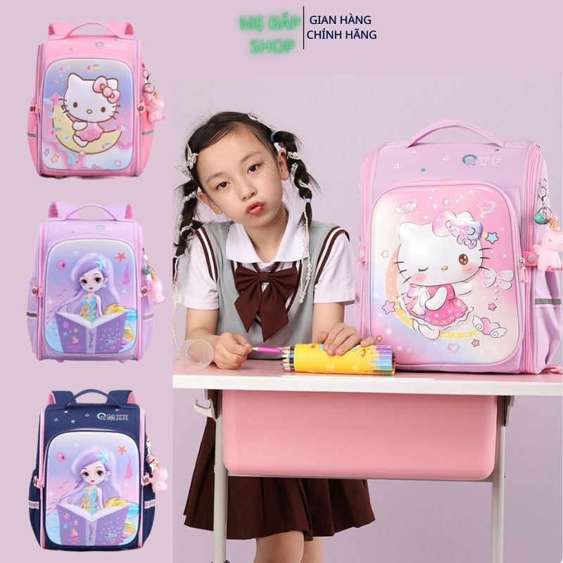 Balo chống gù, cặp sách trẻ em cho bé gái đi học tiểu học lớp 1 2 3 họa tiết 3D Kitty Công chúa Elsa Mẹ Bắp Shop 2022