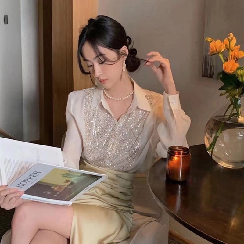 Áo sơ mi vải lụa định nhũ kim cương,áo sơ mi công sở phong cách sang chảnh thanh lịch nhẹ nhàng