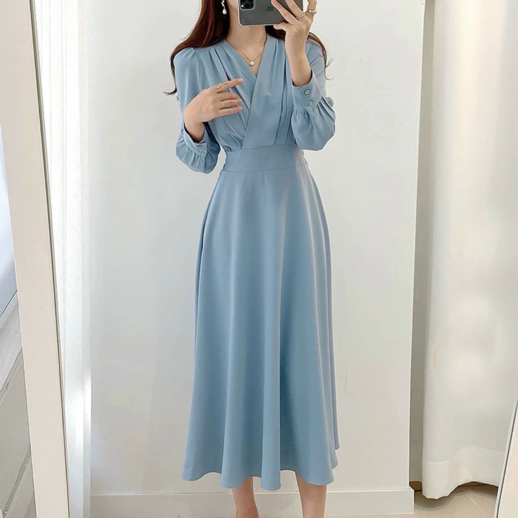 Đầm váy freesize xanh biển cổ V tay dài