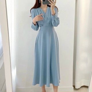 Đầm váy freesize xanh biển cổ V tay dài