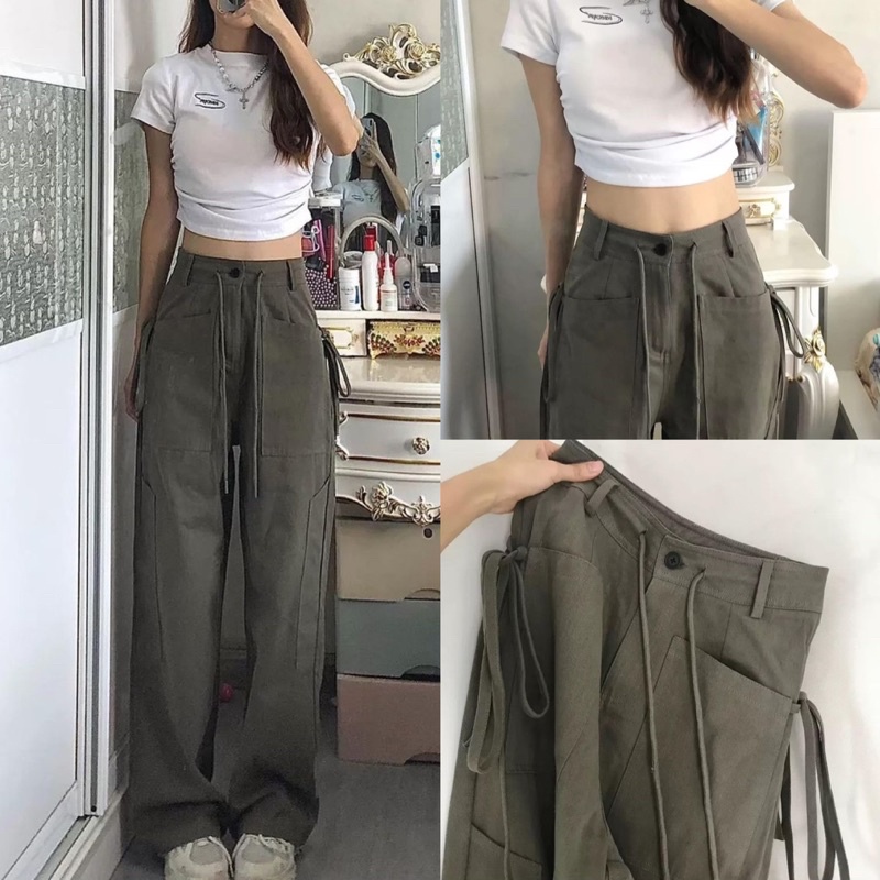 Quần Dài Kaki Cotton Ống Rộng Túi Hộp ZIA Cạp Cao Nữ Unisex Phong Cách Trẻ
