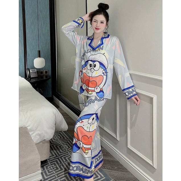 (hình thật) Đồ bộ Pijama Sam nữ Lụa Xước tay dài Doraemon xanh nhạt- hàng loại 1 cao cấp