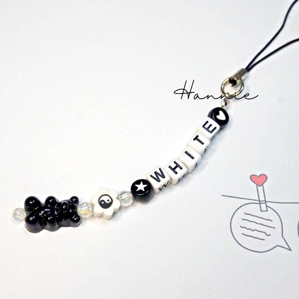 Set móc khóa/phone strap màu trắng đen mix custom tên - Phụ kiện dây treo túi xách balo chìa khóa điện thoại handmade