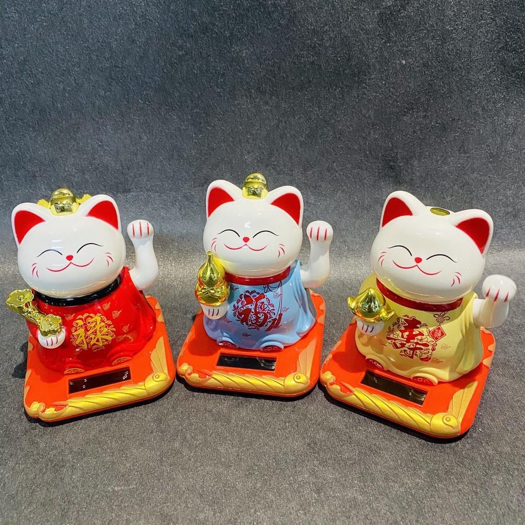 Mèo May Mắn Thần Tài Mini Maneki Neko Tự Vẫy Tay Dùng Nguồn Năng Lượng Ánh Sáng Chất Liệu Nhựa ABS
