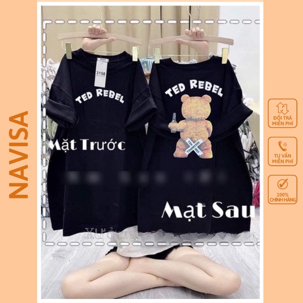 Áo thun nữ nam tay lỡ form rộng chất cotton khô 3158 in gấu REBEL siêu cute phong cách Hàn Quốc NAVISA M515