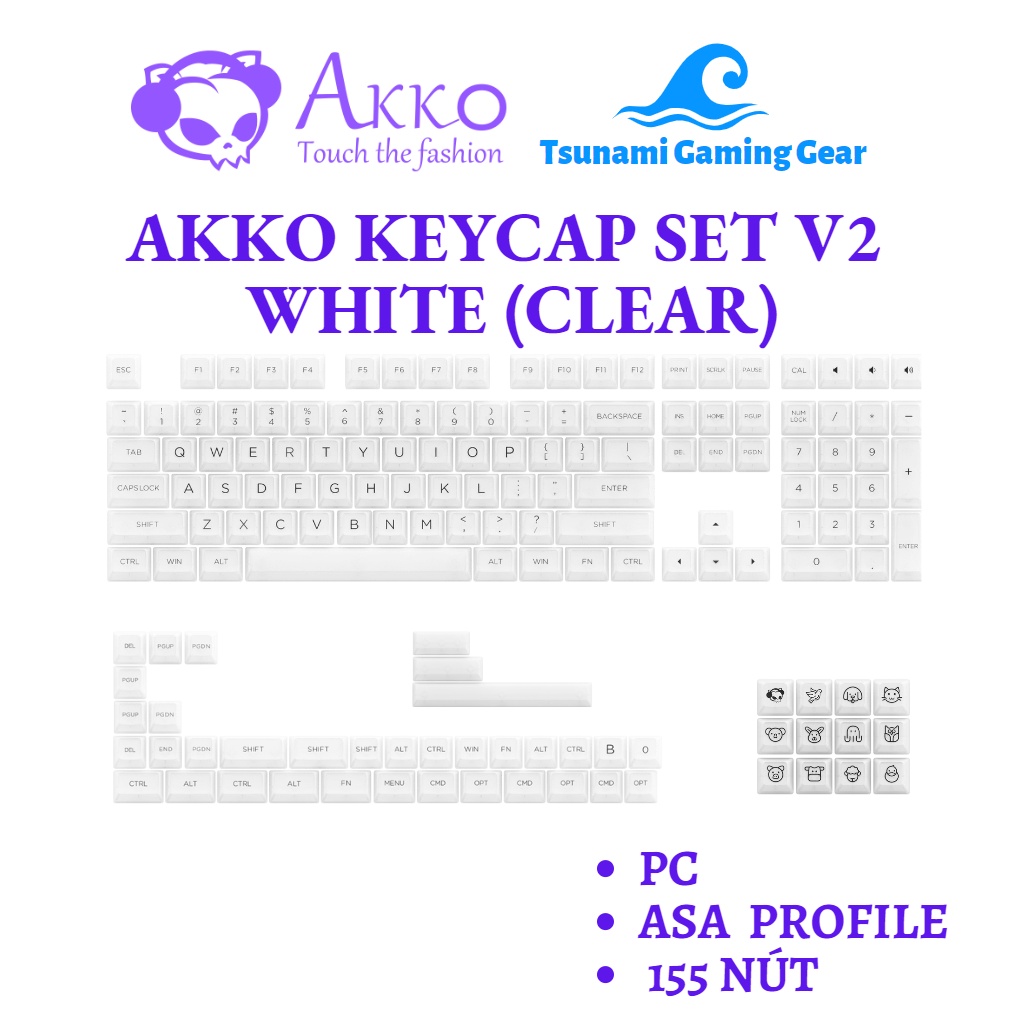 Bộ keycap trong suốt xuyên led AKKO Keycap set v2 – White (PC/ ASA profile/ 155 nút)