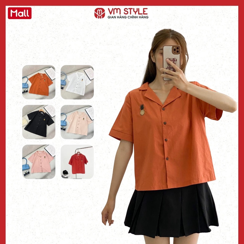 Áo sơ mi tay ngắn VMSTYLE cổ vest thêu trái thơm -11061- SMU00123