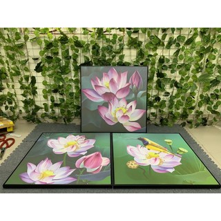 Bộ 3 tranh hoa sen CV03745 nghệ thuật đặc sắc trang trí nhà phòng khách bàn ăn chất liệu canvas