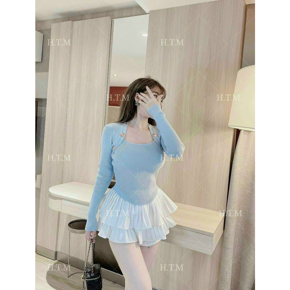 Áo thun gân dài tay nút hai bên cổ vuông LADYGU