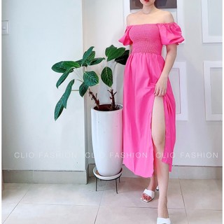 Đầm hồng smocking tay bồng
