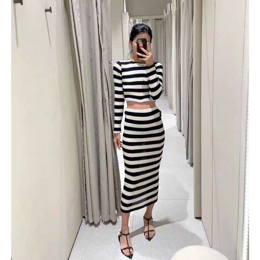 SET ĐẦM KẺ SỌC ĐEN TRẮNG M74 - 4 SEASONS CLOTHES
