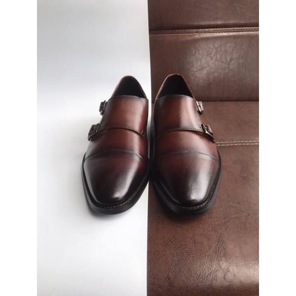 Giày da bò nam monk strap nâu patina