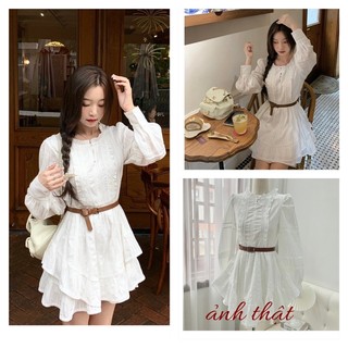 Váy Trắng Thô Ren Dài Tay Kèm Đai Dáng Xoè Tầng Kèm Ảnh Thật