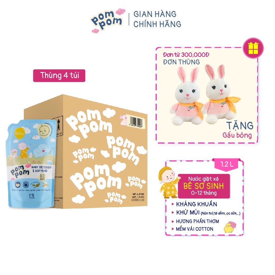 Thùng 4 Túi 1.2L Nước Giặt Xả Cho Bé Sơ Sinh Pom Pom Newborn Hương Phấn Thơm Dịu Nhẹ Cho Quần Áo Bé