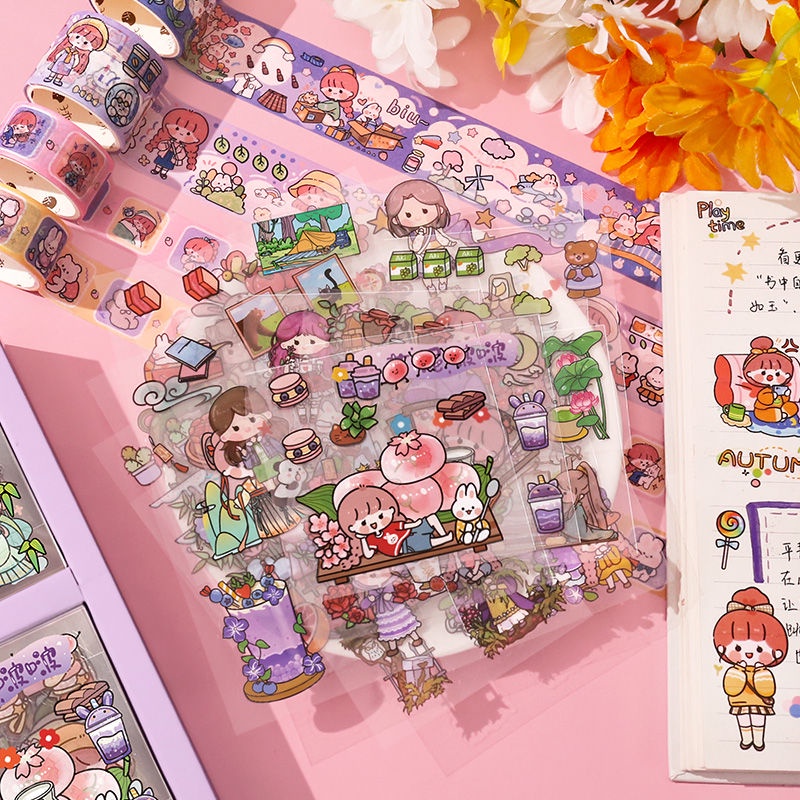 Hộp Sticker 100 Tấm +Washi Tape/Set Sticker/Sticker Trang Trí Sổ Tay/Sticker Cute 100 Tấm Sticker Trong Suốt/Quà tặng của trẻ em