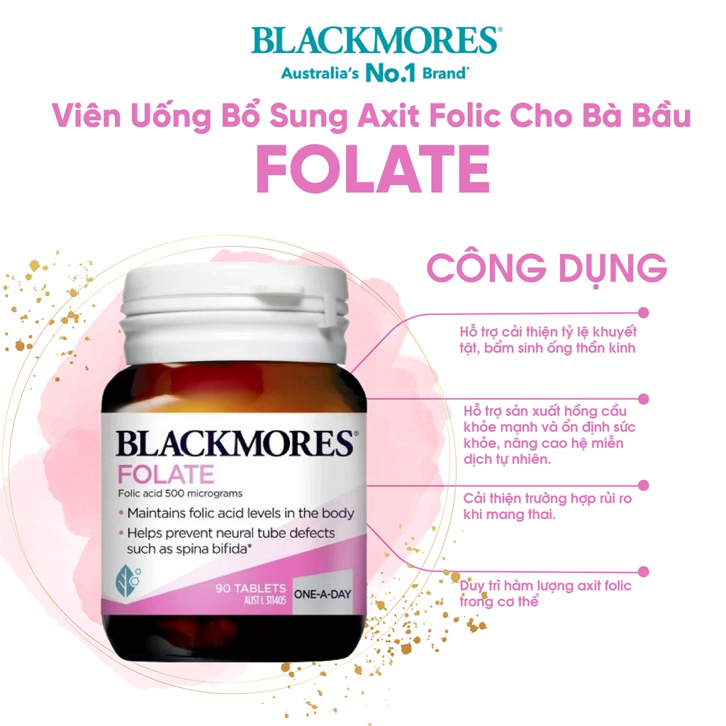 Viên uống dị tật thai nhi Blackmores Folate 500mcg 90 viên của Úc