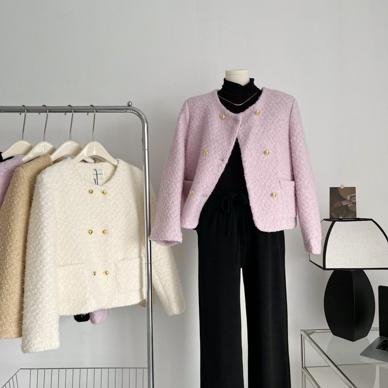 Áo khoác dạ tweed nữ khoác ngoài cổ tròn khuy mạ vàng dài tay sang trọng