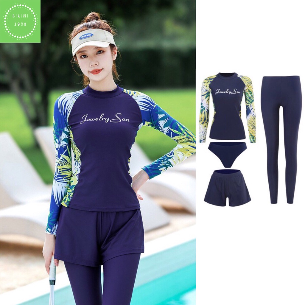 Bikini, Bộ Đồ bơi nữ áo tắm dài tay hoa lá quần dài 4 mảnh học bơi,đi lặn biển dáng năng động,trẻ trung cao cấp