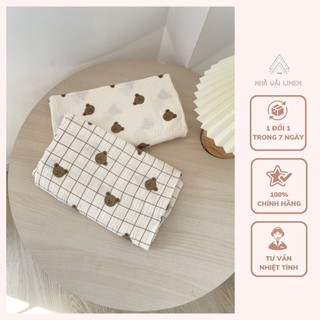 Vải họa tiết xô muslin nhà vải linen gấu bear nền be - muslin nâu nhà vải linen họa tiết phù hợp nhiều lứa tuổi