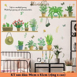 Decal dán tường giỏ hoa xanh mũ treo cây xanh