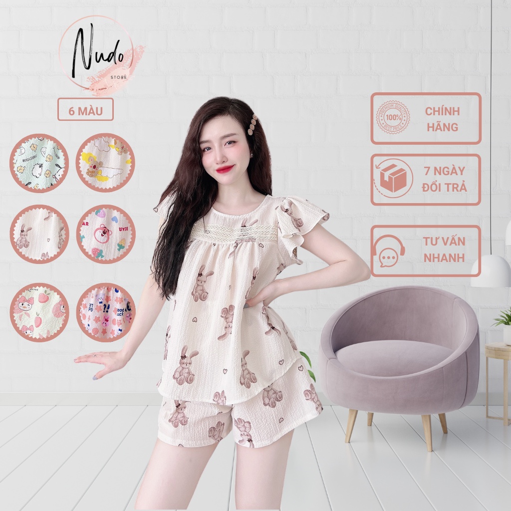 Đồ Bộ Mặc Nhà NuDo Vải Đũi Xốp Cánh Tiên Hoạt Tiết Gấu Nâu Xinh Xắn, Đồ Nữ Mặc Nhà Mát Mẻ Dưới 67 kg DX1