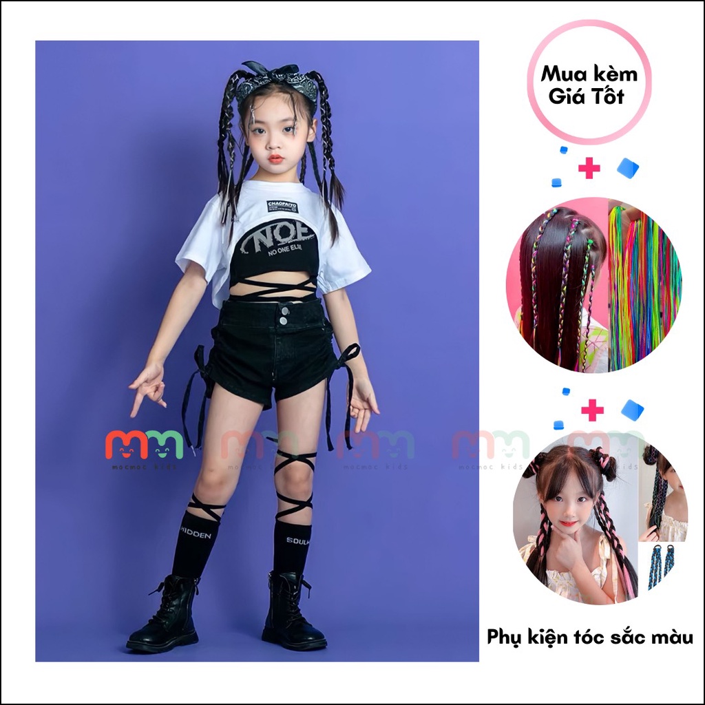Đồ nhảy cho bé gái 3 chi tiết áo croptop cutout ngoài,croptop cột eo trong phối quần dây rút kaki cao cấp, lưng thun sau