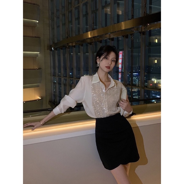 Áo sơ mi vải lụa đính nhũ kim cương,áo sơ mi công sở phong cách sang chảnh thanh lịch nhẹ nhàng