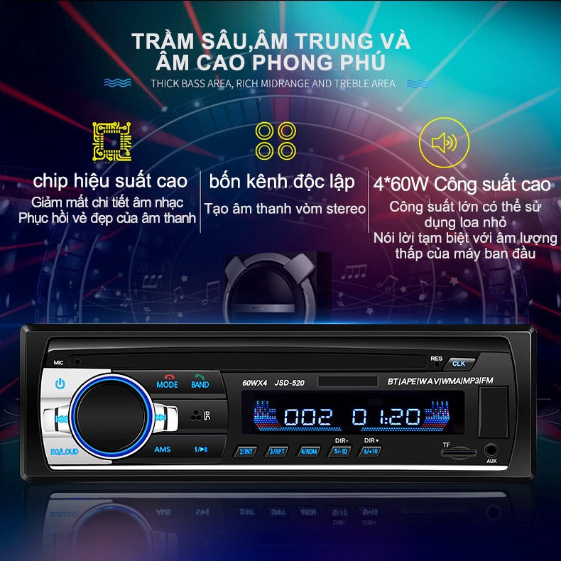 Máy nghe nhạc mp3 ,Đầu phát nhạc MP3 FM Radio 12V bluetooth V2.0 JSD520 Cho Xe Hơi, hỗ trợ USB / SD / AUX-IN / FM