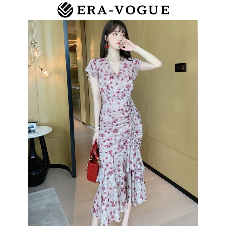 EraVogue🌷 Đầm Hoa Cổ Chữ V Xẻ Tà Phong Cách Hàn Quốc Thời Trang Mới Cho Nữ váy dạ hội 4116