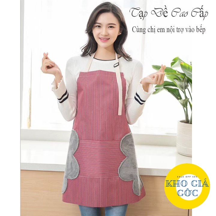 Tạp dề kẻ hoa có khăn lau tay bên hông, tạp dề chống thấm nước (GIAO MÀU NGẪU NHIÊN)